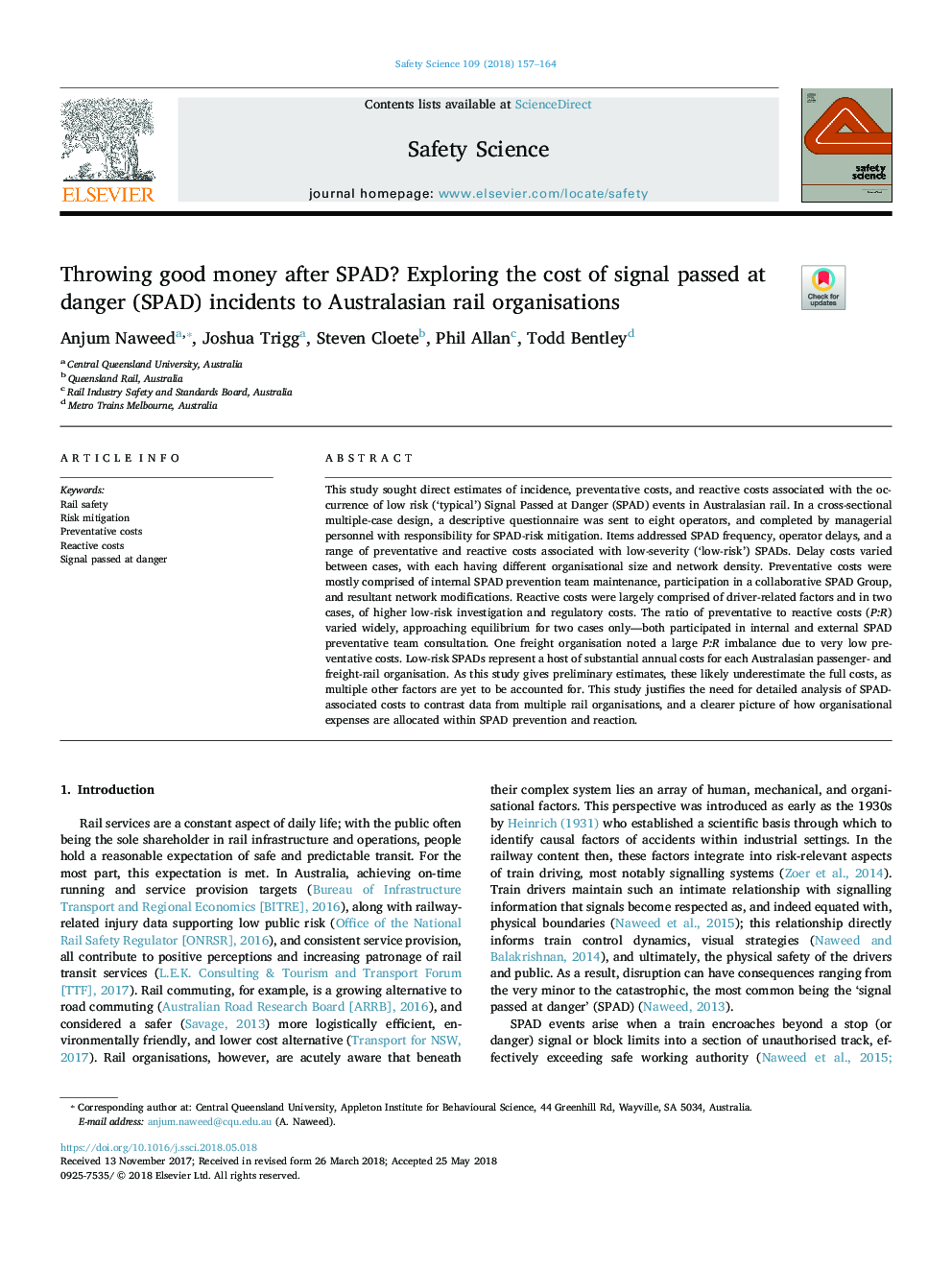 Throwing good money after SPAD? Exploring the cost of signal passed at danger (SPAD) incidents to Australasian rail organisations