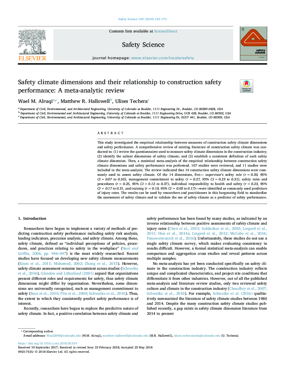 Safety climate dimensions and their relationship to construction safety performance: A meta-analytic review