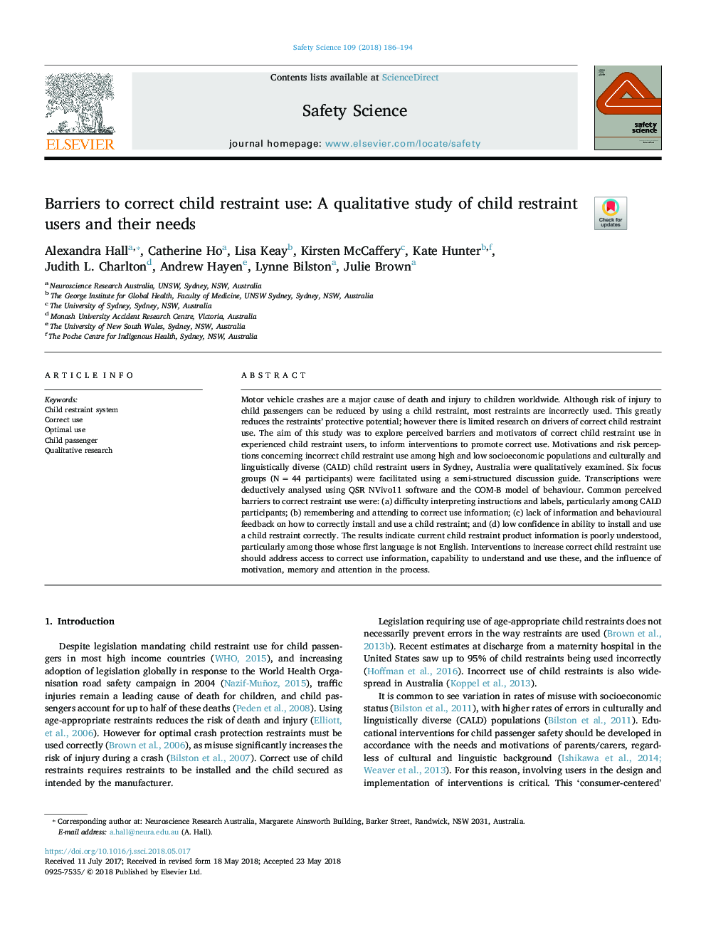 Barriers to correct child restraint use: A qualitative study of child restraint users and their needs