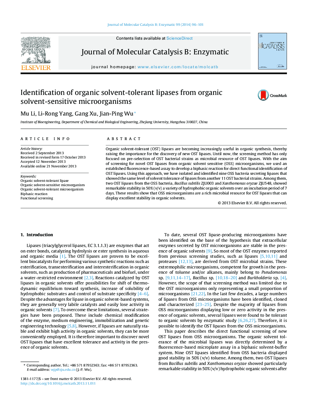 Identification of organic solvent-tolerant lipases from organic solvent-sensitive microorganisms