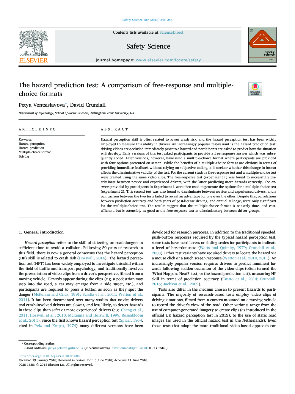 The hazard prediction test: A comparison of free-response and multiple-choice formats