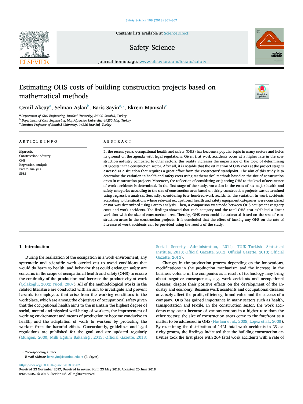 Estimating OHS costs of building construction projects based on mathematical methods