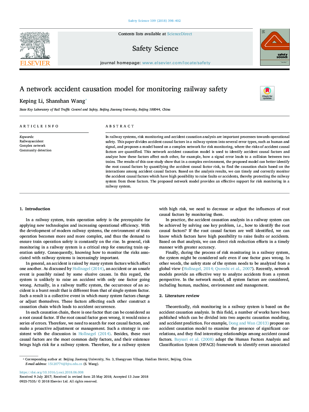 A network accident causation model for monitoring railway safety