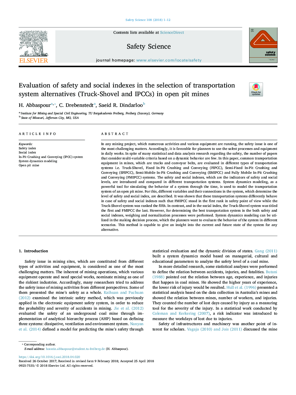 Evaluation of safety and social indexes in the selection of transportation system alternatives (Truck-Shovel and IPCCs) in open pit mines