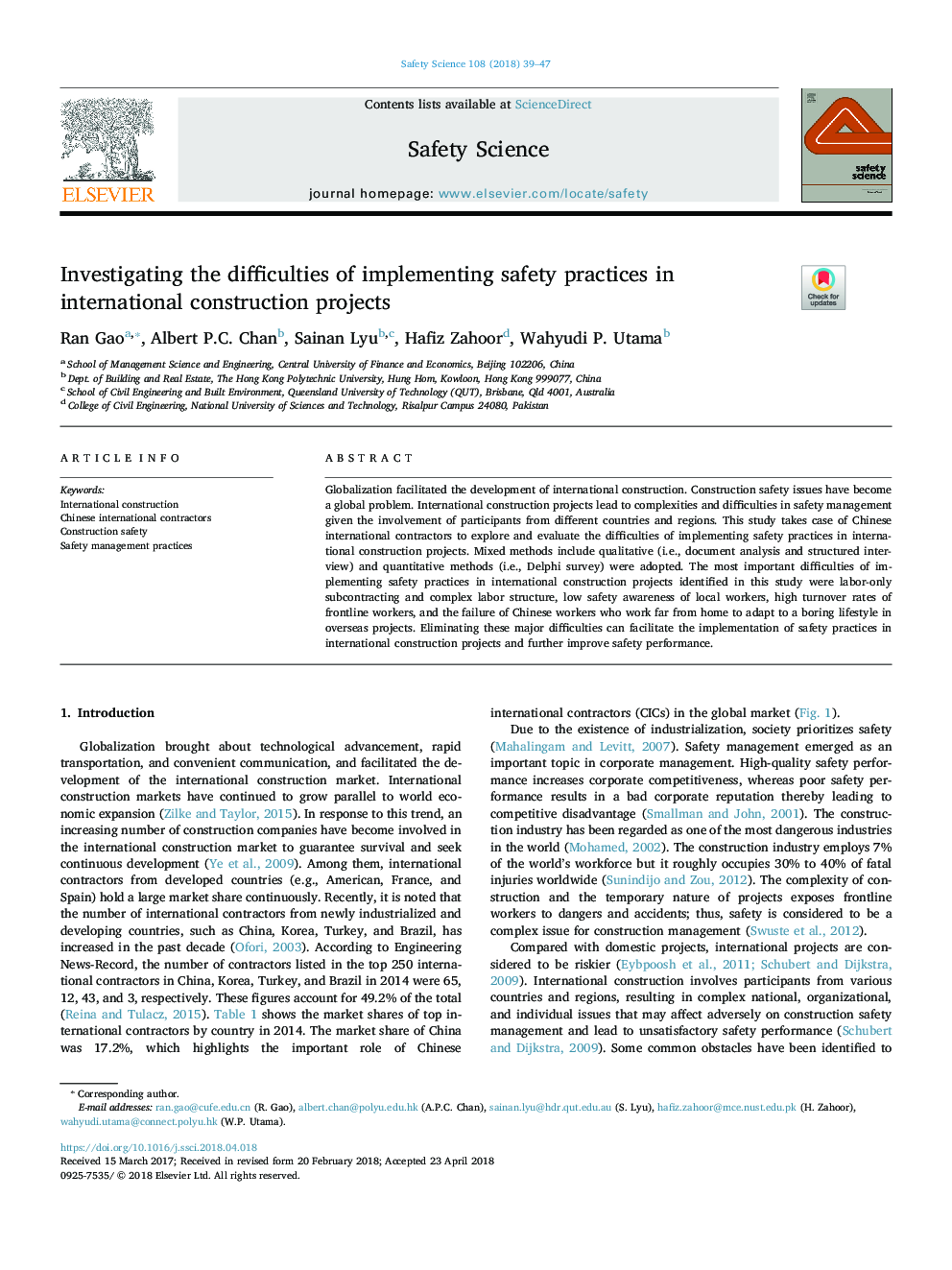 Investigating the difficulties of implementing safety practices in international construction projects