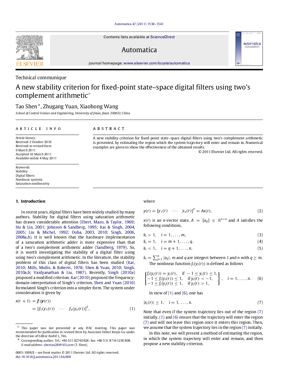 A new stability criterion for fixed-point state–space digital filters using two’s complement arithmetic 