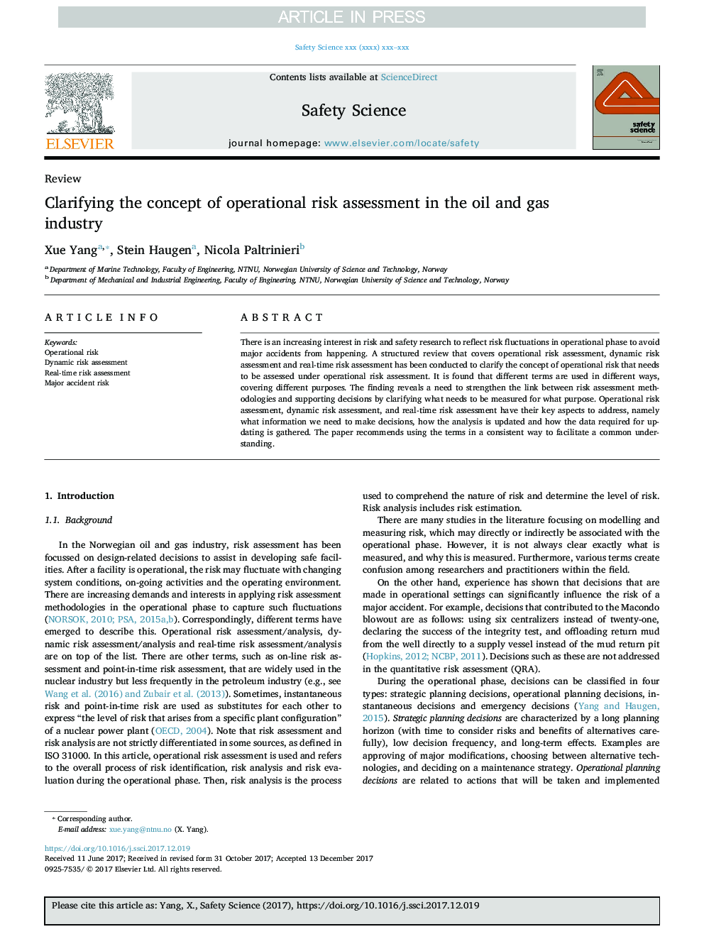 Clarifying the concept of operational risk assessment in the oil and gas industry