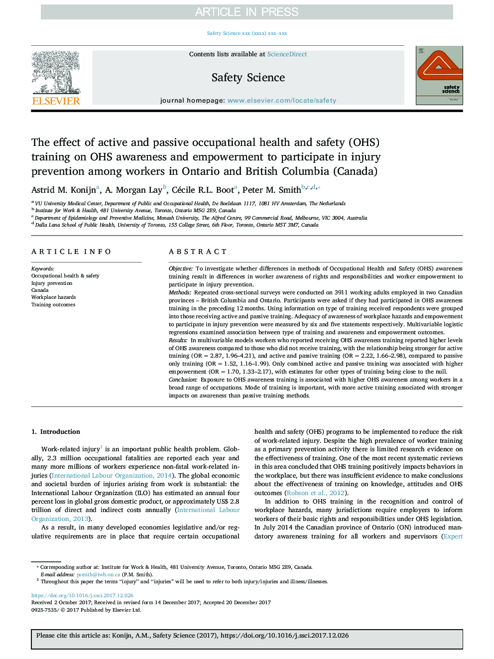 The effect of active and passive occupational health and safety (OHS) training on OHS awareness and empowerment to participate in injury prevention among workers in Ontario and British Columbia (Canada)