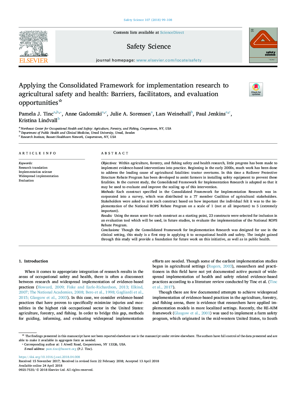 استفاده از چارچوب تلفیقی برای تحقیقات پیاده سازی برای ایمنی و بهداشت کشاورزی: ​​موانع، تسهیل کننده ها و فرصت های ارزیابی 