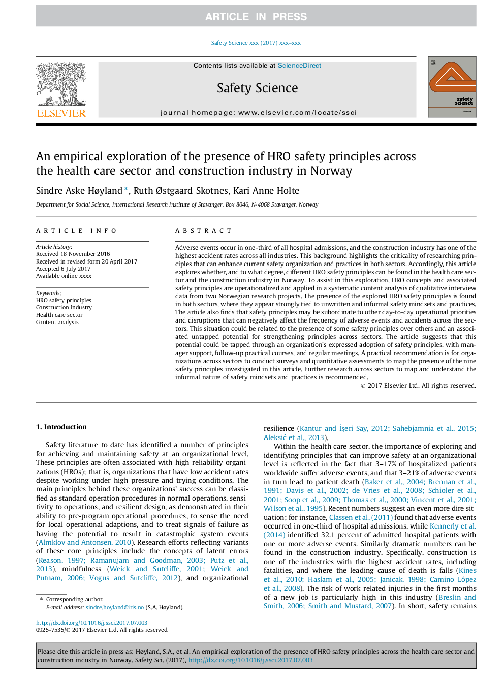 An empirical exploration of the presence of HRO safety principles across the health care sector and construction industry in Norway