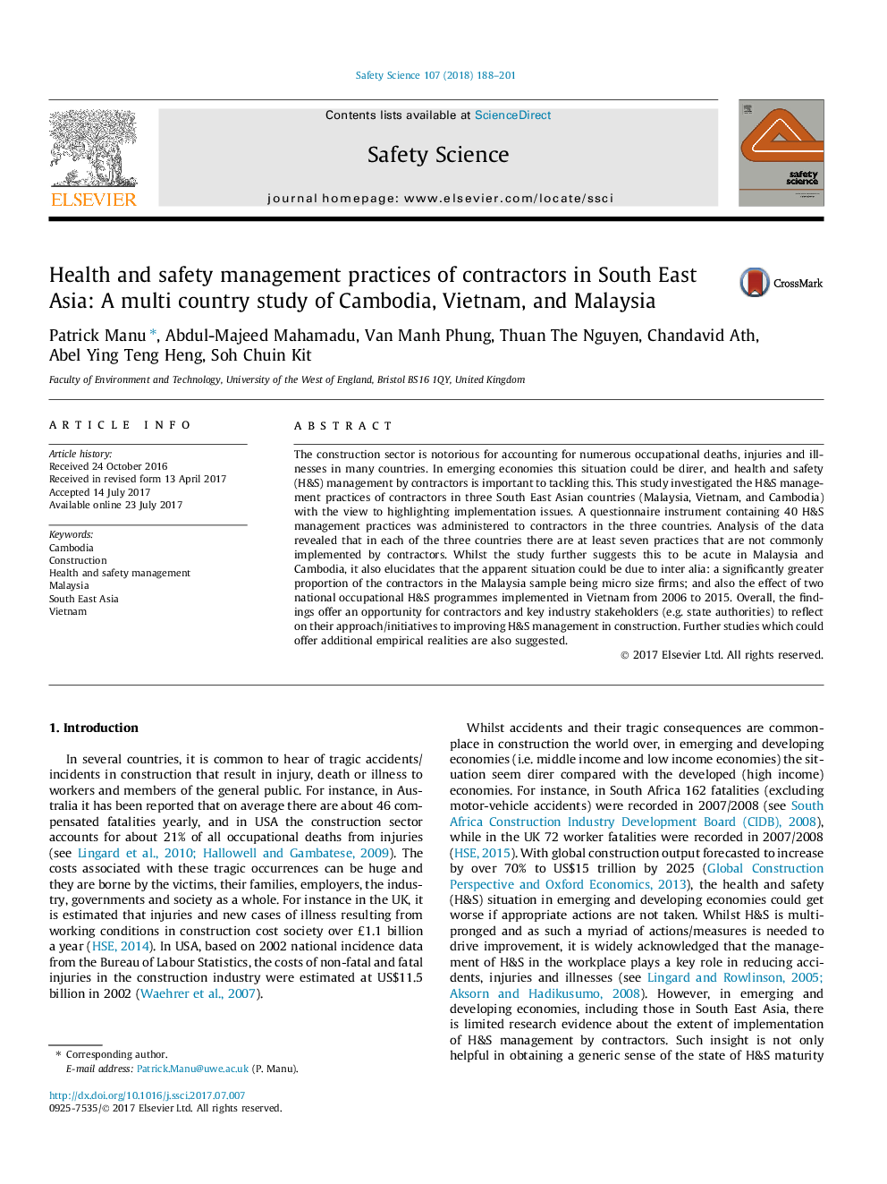 Health and safety management practices of contractors in South East Asia: A multi country study of Cambodia, Vietnam, and Malaysia