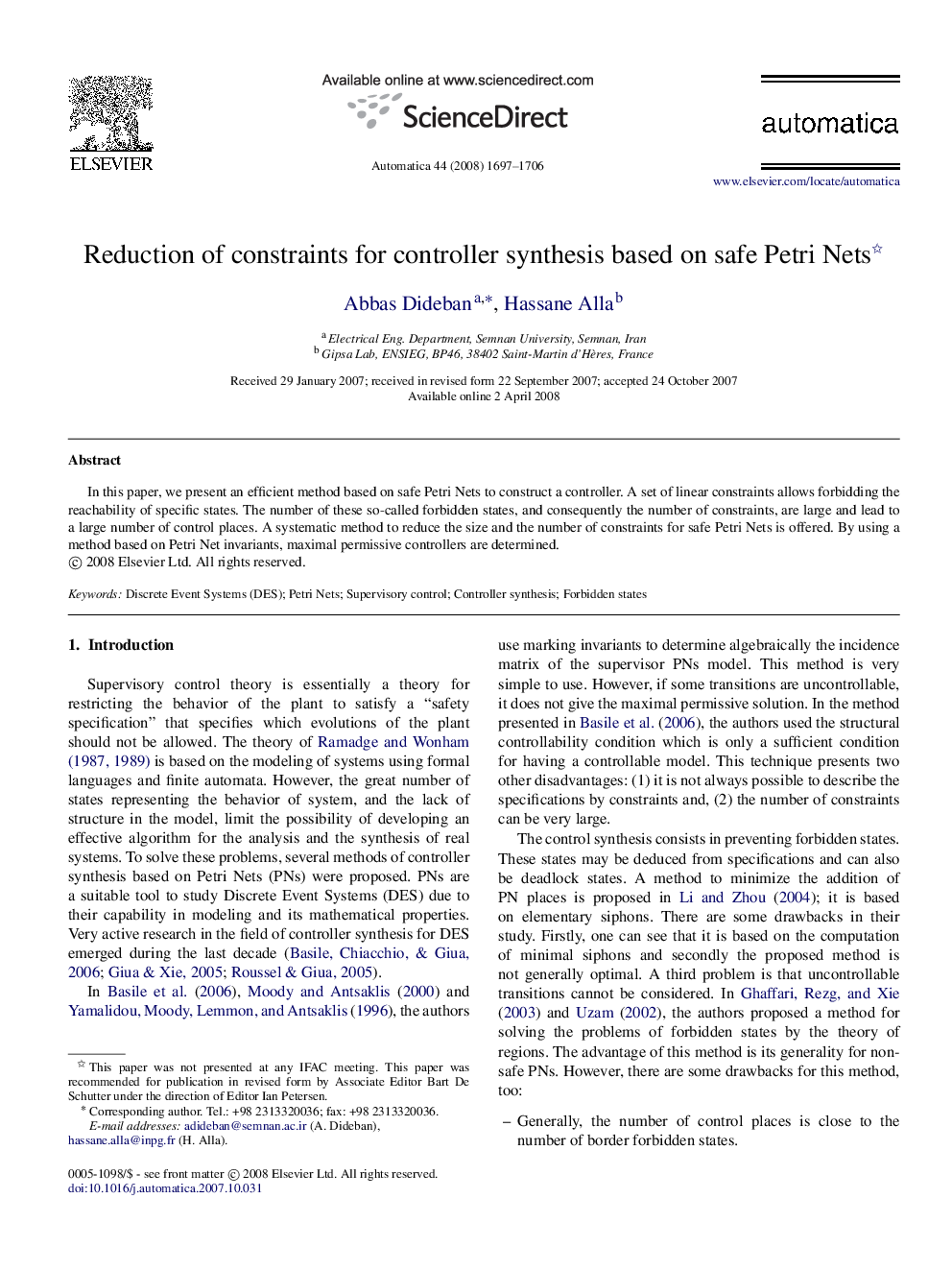 Reduction of constraints for controller synthesis based on safe Petri Nets 