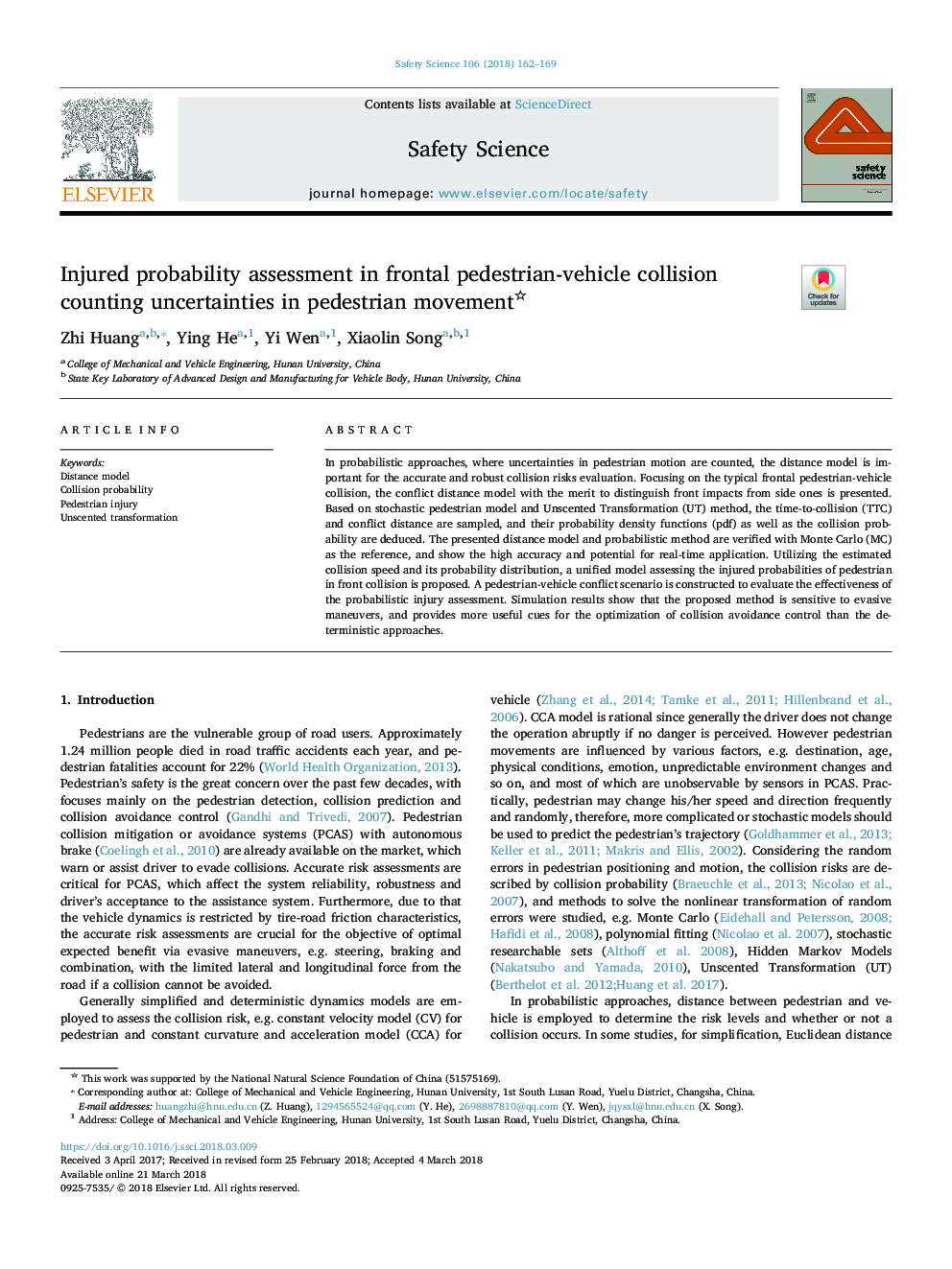 Injured probability assessment in frontal pedestrian-vehicle collision counting uncertainties in pedestrian movement