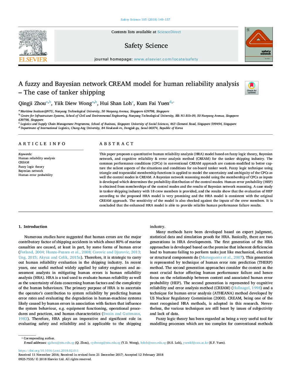 A fuzzy and Bayesian network CREAM model for human reliability analysis - The case of tanker shipping