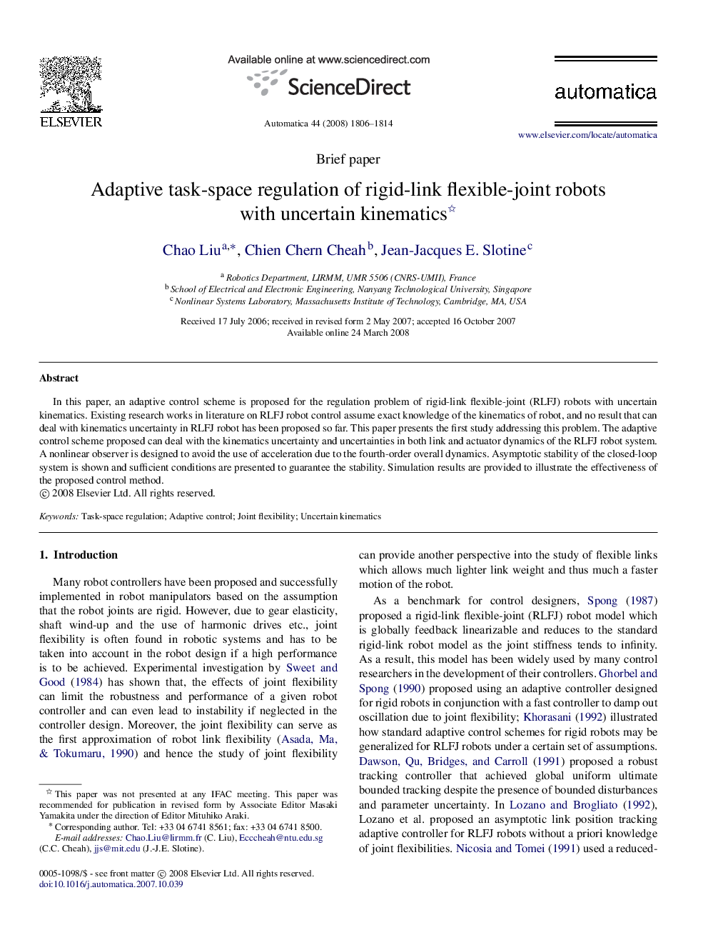 Adaptive task-space regulation of rigid-link flexible-joint robots with uncertain kinematics 