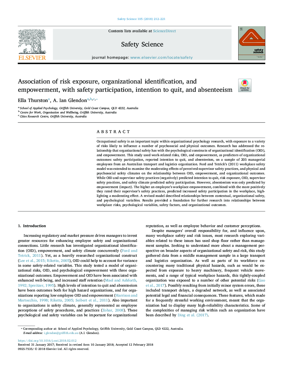 Association of risk exposure, organizational identification, and empowerment, with safety participation, intention to quit, and absenteeism