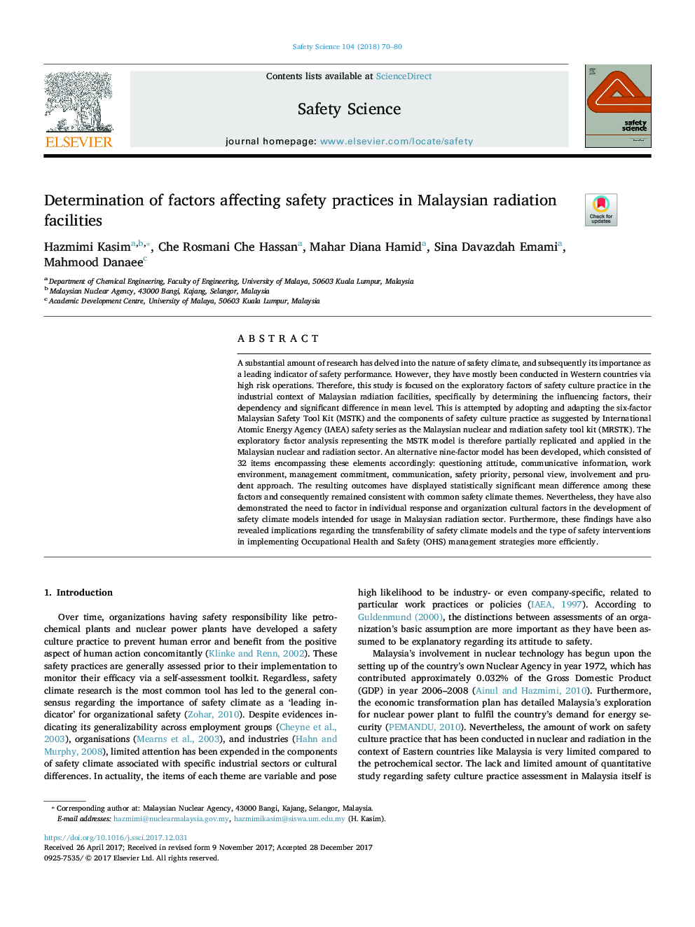 Determination of factors affecting safety practices in Malaysian radiation facilities