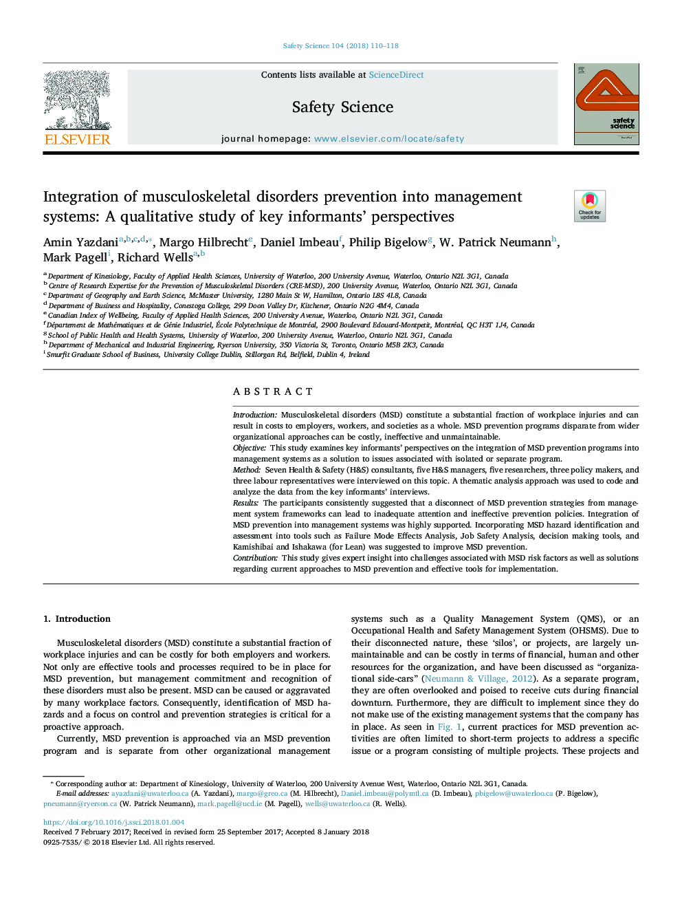 Integration of musculoskeletal disorders prevention into management systems: A qualitative study of key informants' perspectives