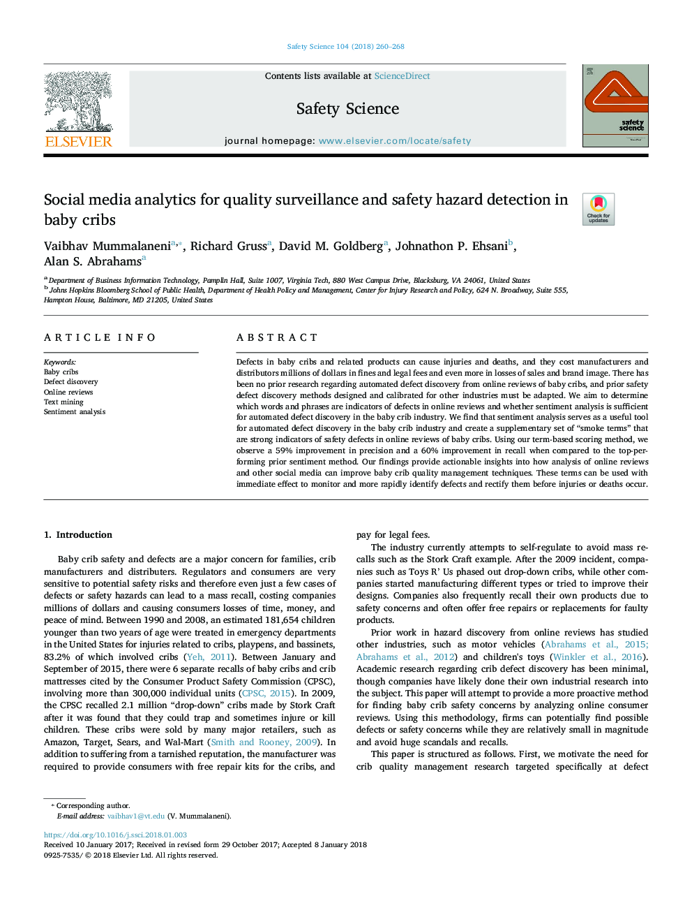 Social media analytics for quality surveillance and safety hazard detection in baby cribs