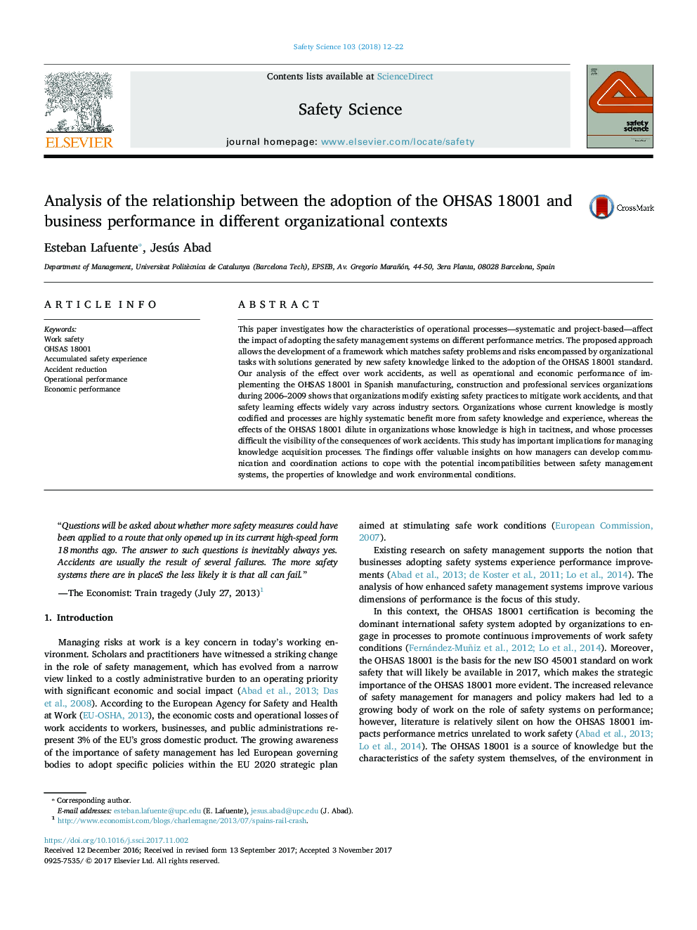 Analysis of the relationship between the adoption of the OHSAS 18001 and business performance in different organizational contexts