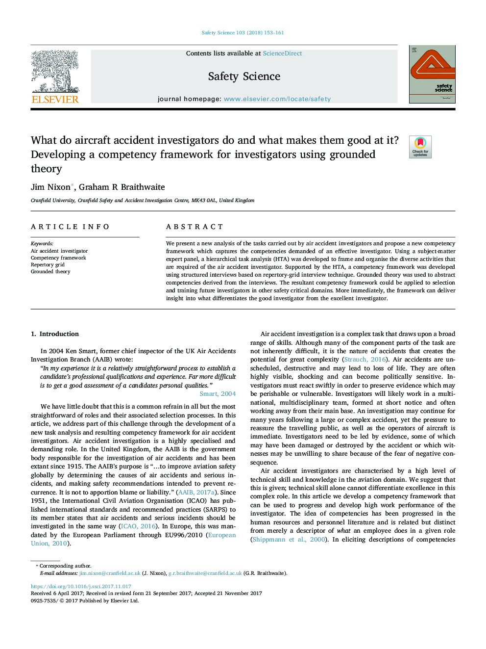 What do aircraft accident investigators do and what makes them good at it? Developing a competency framework for investigators using grounded theory