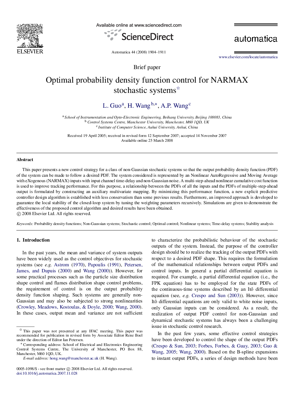 Optimal probability density function control for NARMAX stochastic systems 