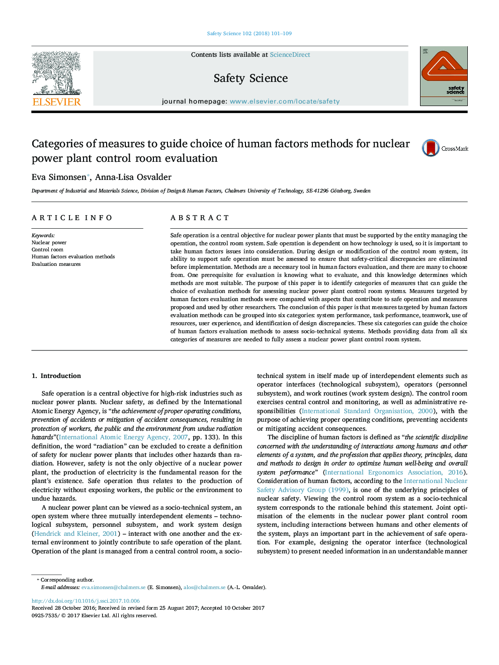 Categories of measures to guide choice of human factors methods for nuclear power plant control room evaluation