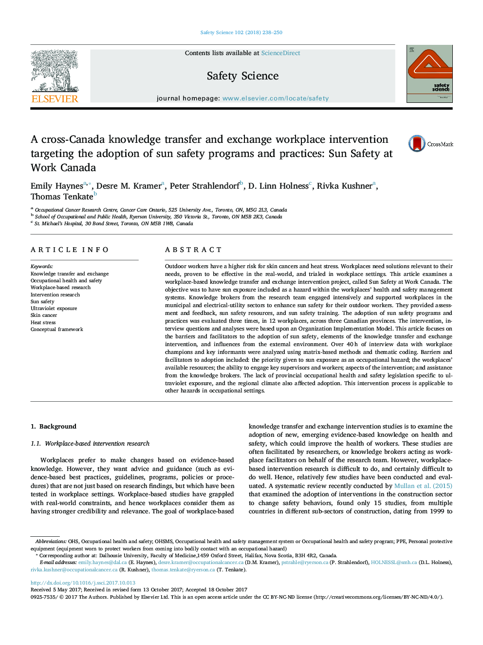 A cross-Canada knowledge transfer and exchange workplace intervention targeting the adoption of sun safety programs and practices: Sun Safety at Work Canada