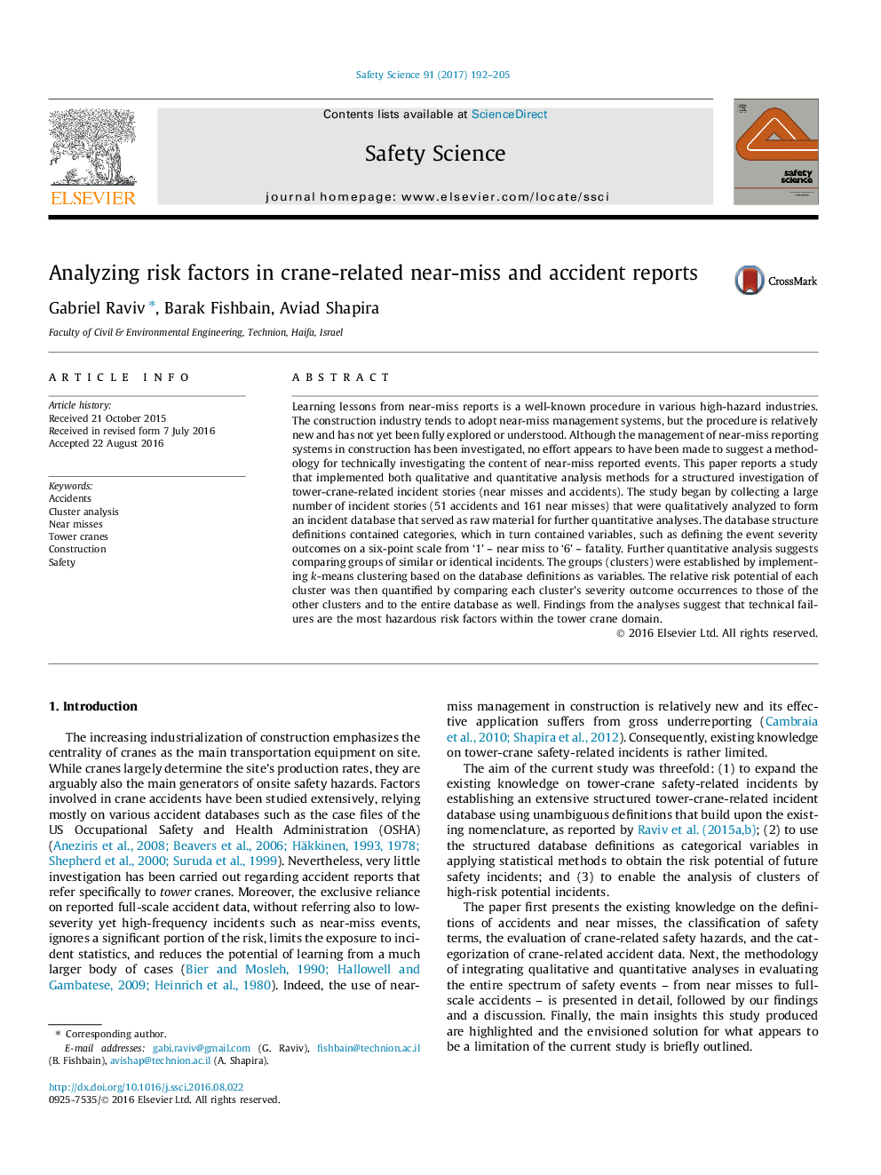 Analyzing risk factors in crane-related near-miss and accident reports