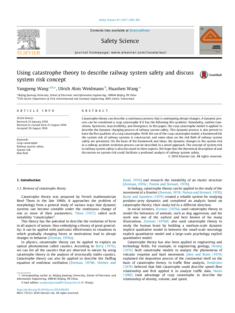 Using catastrophe theory to describe railway system safety and discuss system risk concept