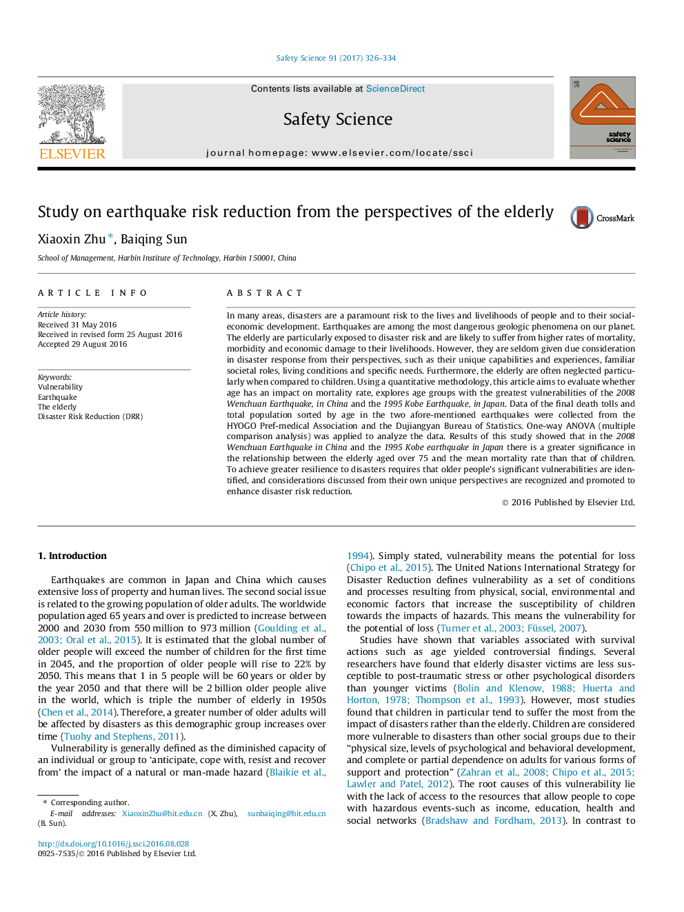 Study on earthquake risk reduction from the perspectives of the elderly