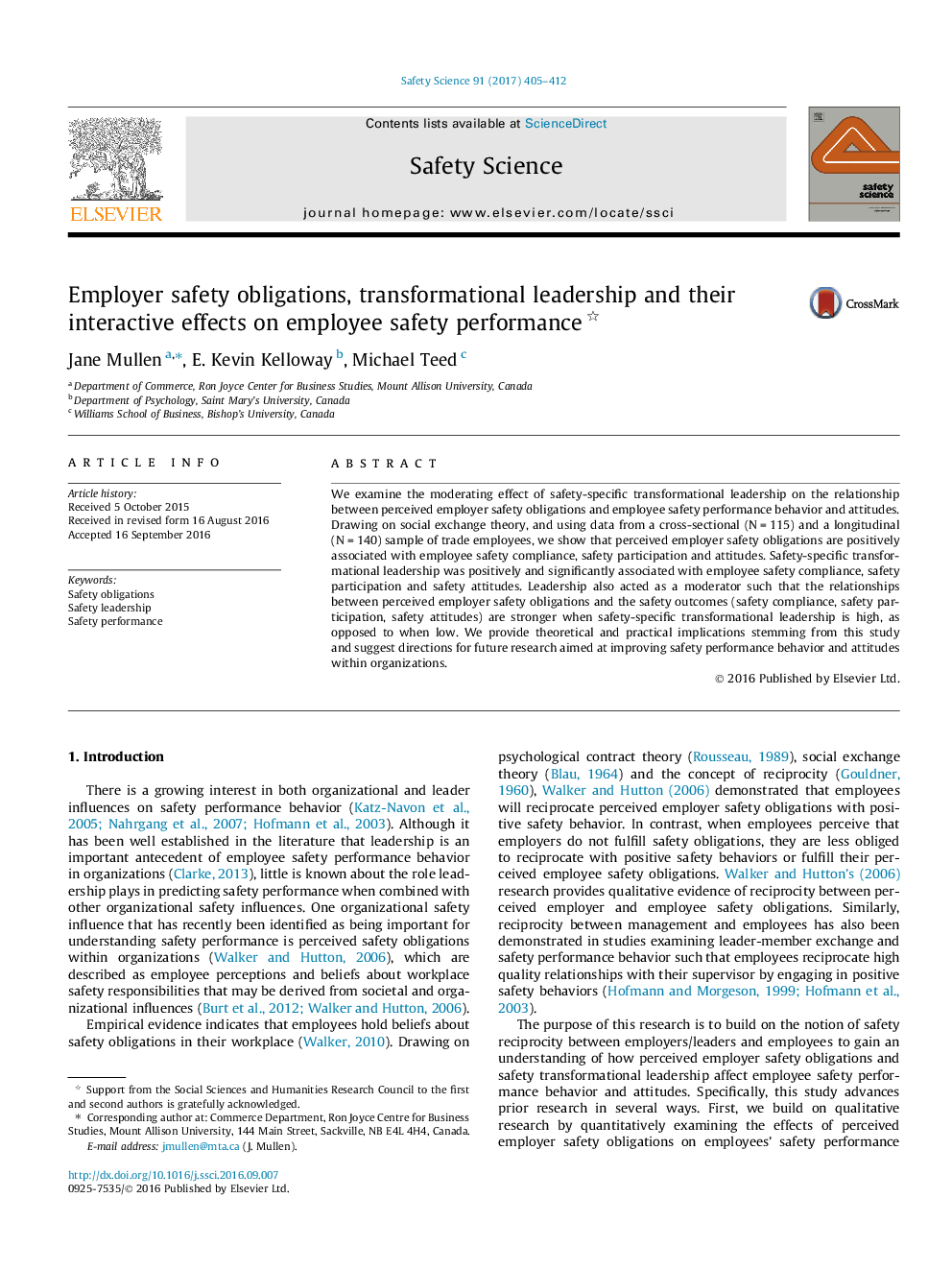 Employer safety obligations, transformational leadership and their interactive effects on employee safety performance