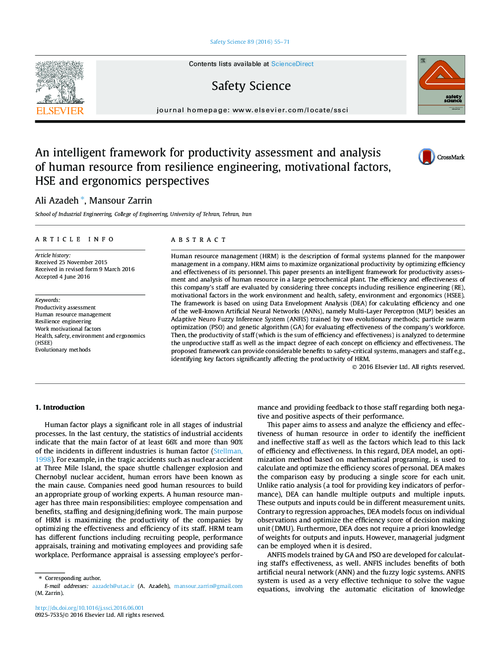 An intelligent framework for productivity assessment and analysis of human resource from resilience engineering, motivational factors, HSE and ergonomics perspectives