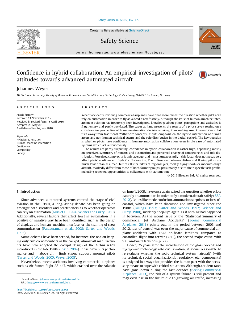 Confidence in hybrid collaboration. An empirical investigation of pilots' attitudes towards advanced automated aircraft