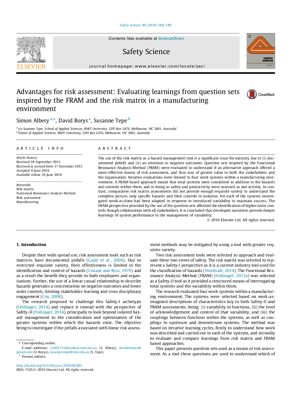 Advantages for risk assessment: Evaluating learnings from question sets inspired by the FRAM and the risk matrix in a manufacturing environment