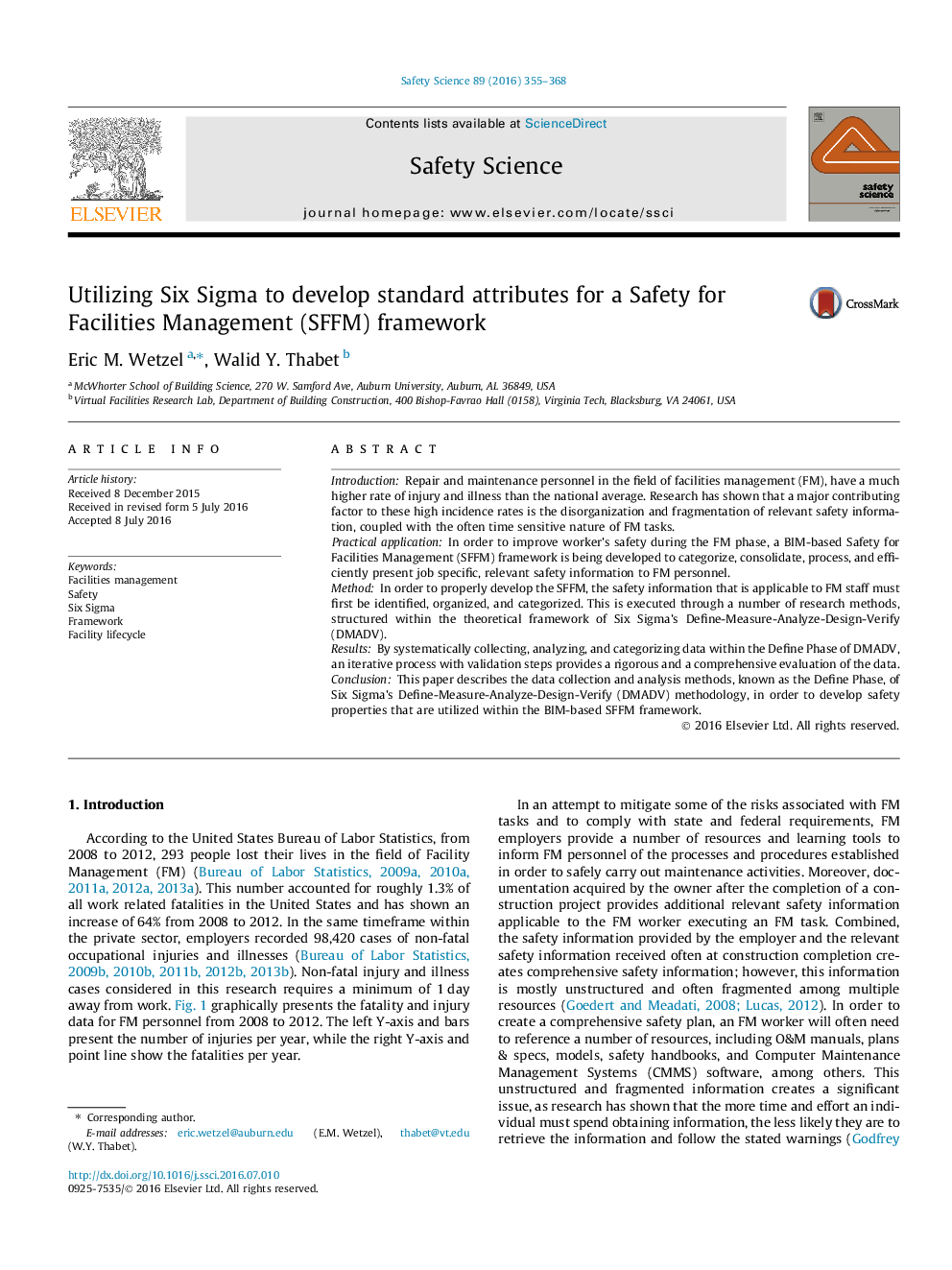 Utilizing Six Sigma to develop standard attributes for a Safety for Facilities Management (SFFM) framework