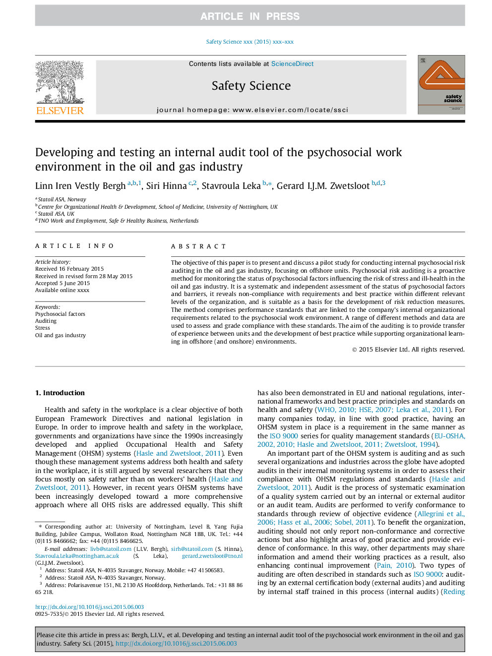 Developing and testing an internal audit tool of the psychosocial work environment in the oil and gas industry