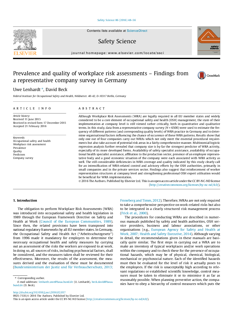 Prevalence and quality of workplace risk assessments - Findings from a representative company survey in Germany