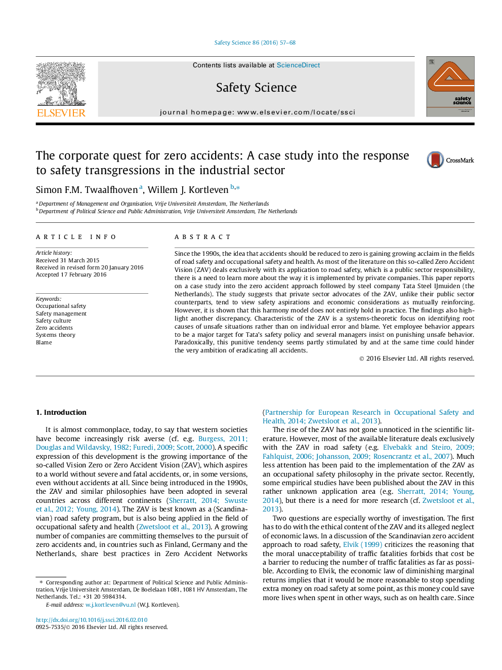 The corporate quest for zero accidents: A case study into the response to safety transgressions in the industrial sector