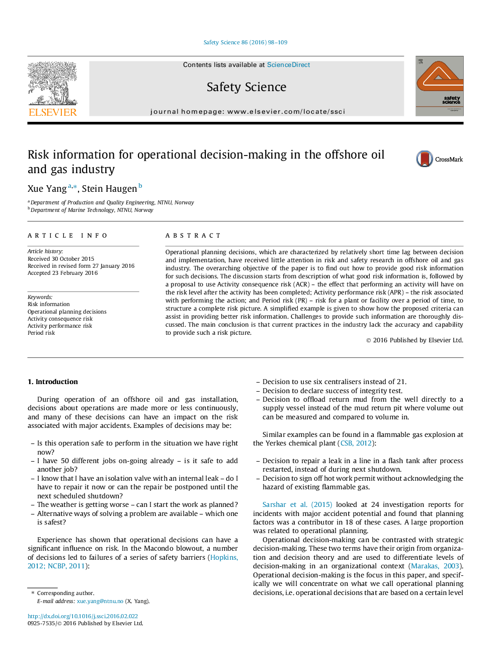 Risk information for operational decision-making in the offshore oil and gas industry