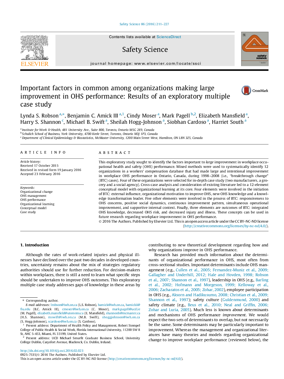 Important factors in common among organizations making large improvement in OHS performance: Results of an exploratory multiple case study