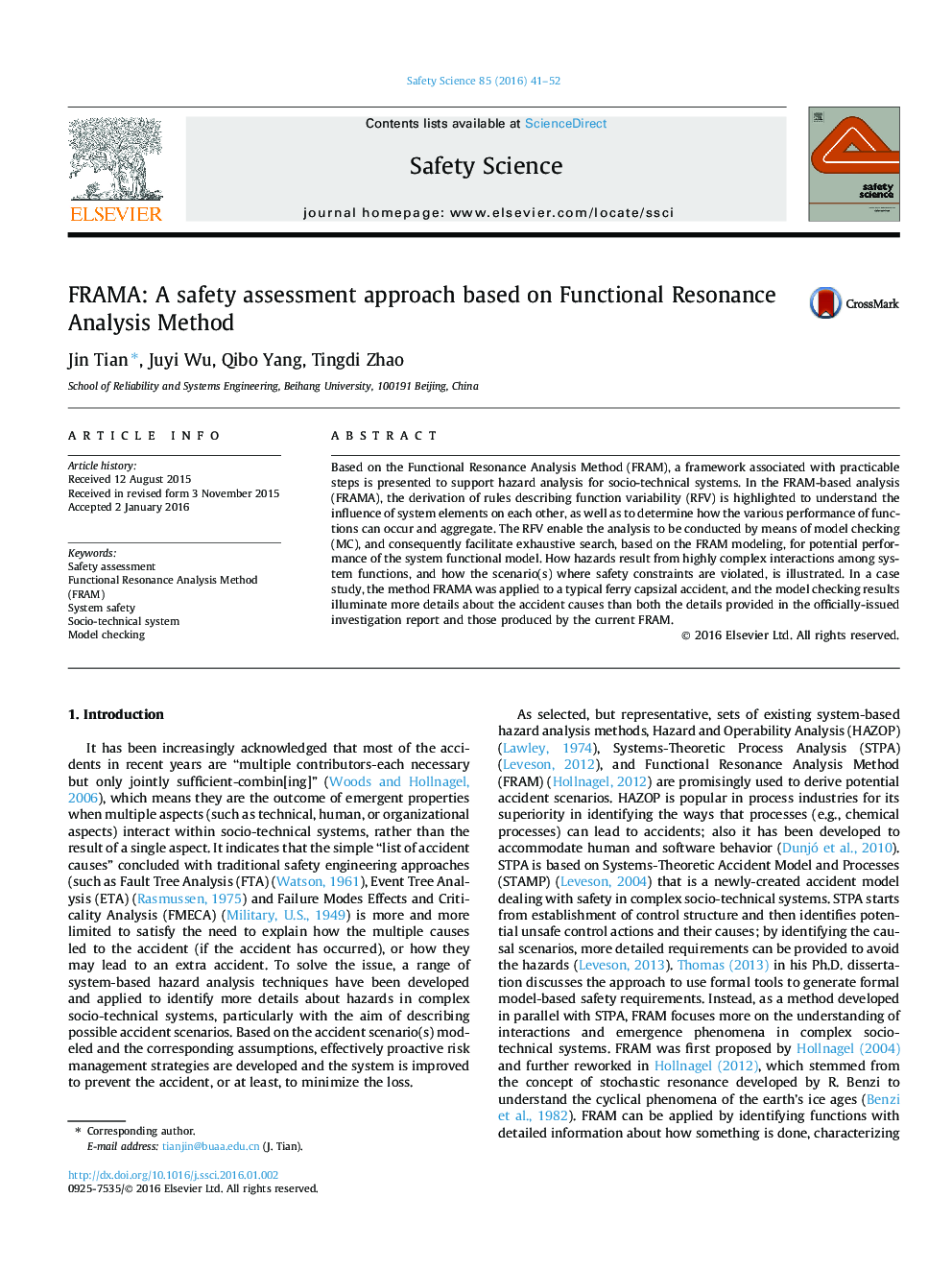 FRAMA: A safety assessment approach based on Functional Resonance Analysis Method