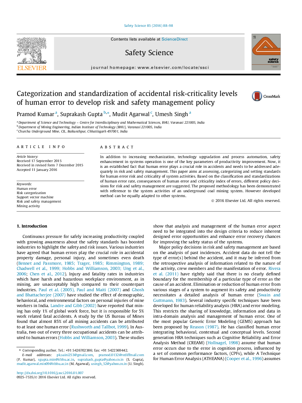 Categorization and standardization of accidental risk-criticality levels of human error to develop risk and safety management policy