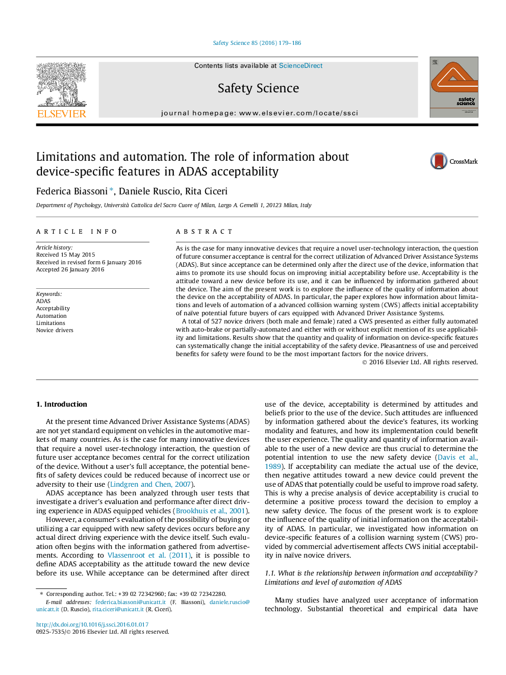 Limitations and automation. The role of information about device-specific features in ADAS acceptability