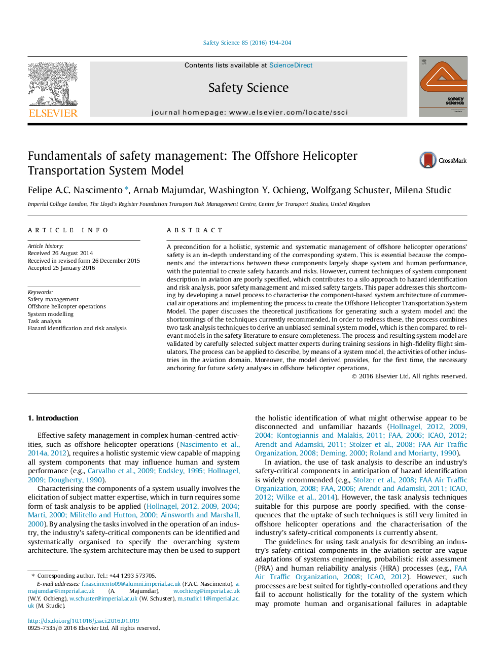 Fundamentals of safety management: The Offshore Helicopter Transportation System Model