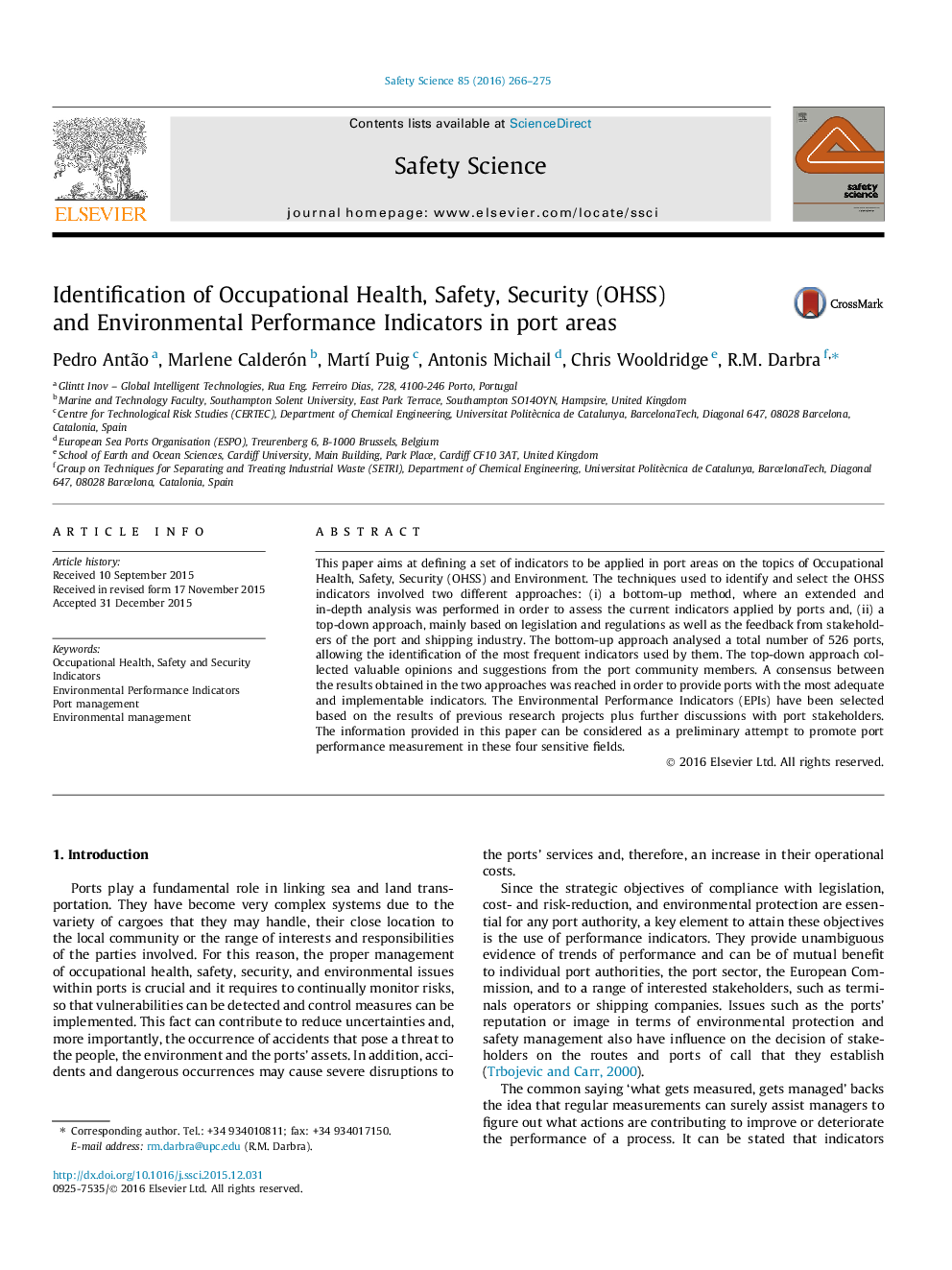 Identification of Occupational Health, Safety, Security (OHSS) and Environmental Performance Indicators in port areas