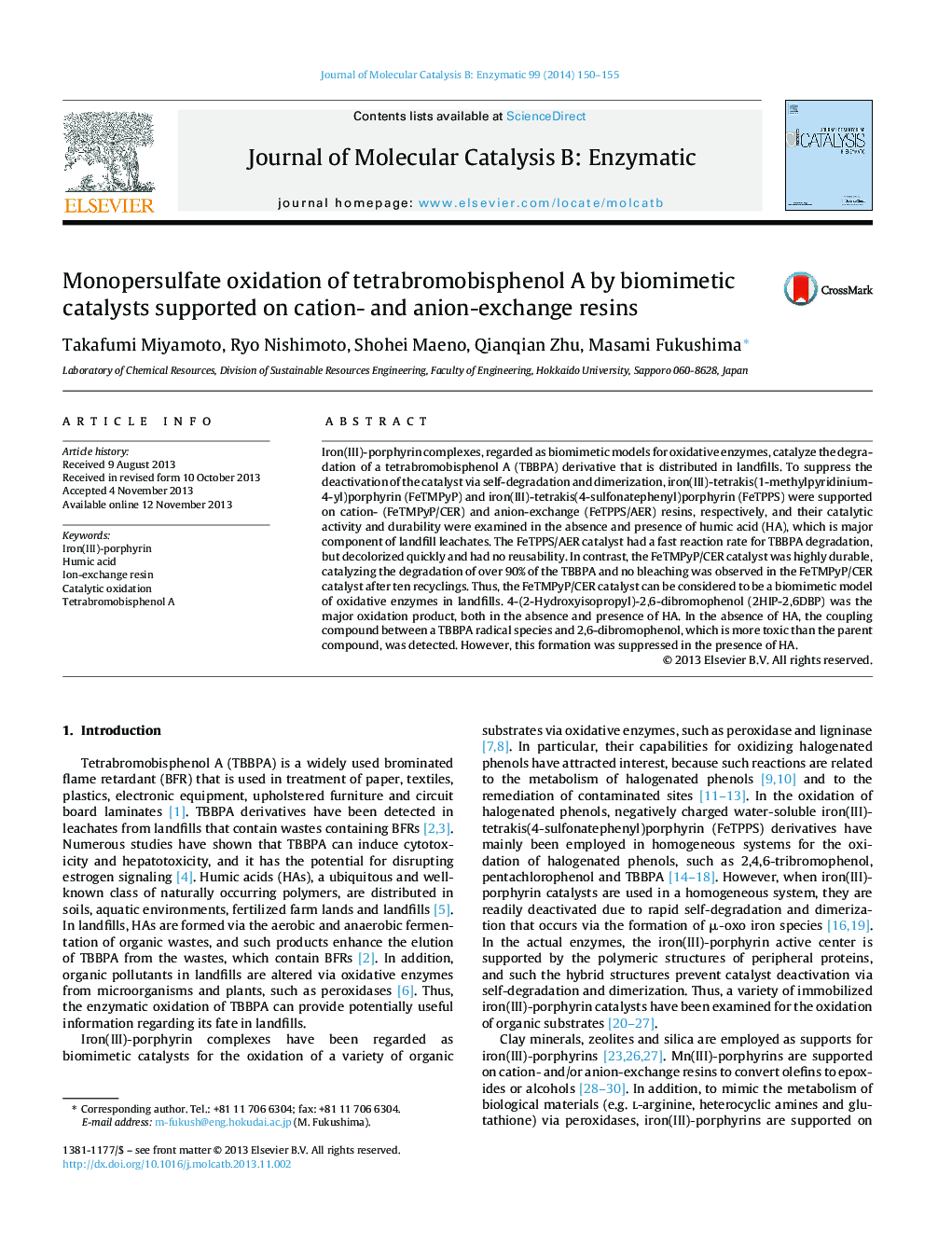 Monopersulfate oxidation of tetrabromobisphenol A by biomimetic catalysts supported on cation- and anion-exchange resins