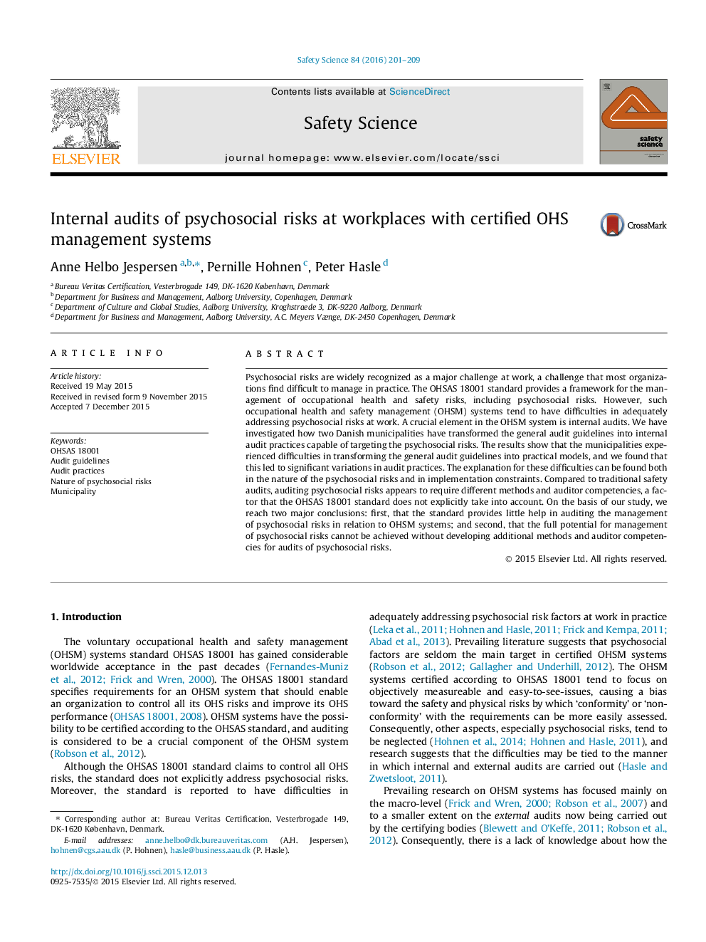 Internal audits of psychosocial risks at workplaces with certified OHS management systems