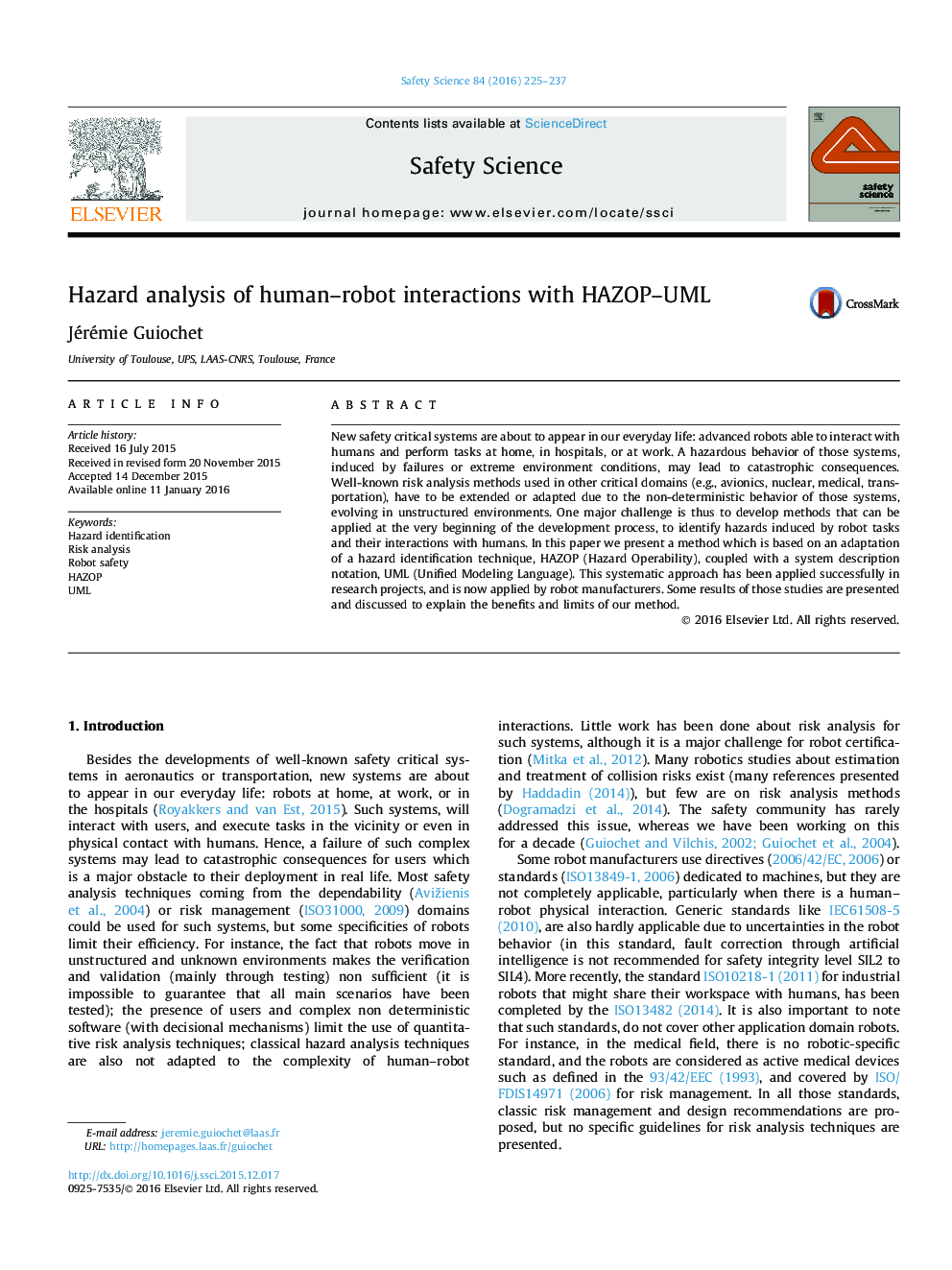 Hazard analysis of human-robot interactions with HAZOP-UML