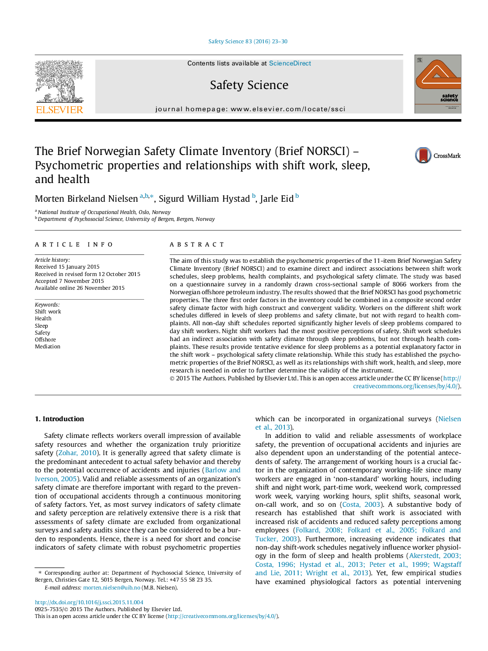 The Brief Norwegian Safety Climate Inventory (Brief NORSCI) - Psychometric properties and relationships with shift work, sleep, and health